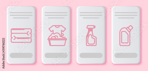 Set line Towel stack , Plastic basin with soap suds , Cleaning spray bottle with detergent liquid and Plastic bottles for liquid dishwashing liquid. White rectangle button. Vector