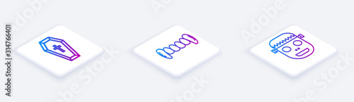 Set Isometric line Coffin with christian cross , Vampire teeth and Zombie mask . White square button. Vector