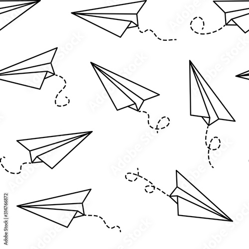 Seamless pattern with paper airplanes, outline black and white design. Vector illustration