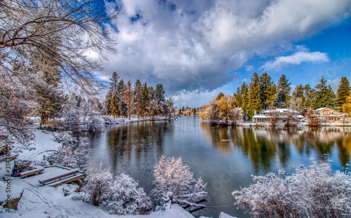Winter Clouds Above Mirror Pond on Deschutes River in Bend, Oregon