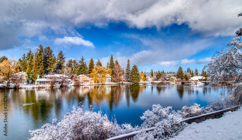 Winter View of Mirror Pond on Deschutes River in Bend, Oregon photo