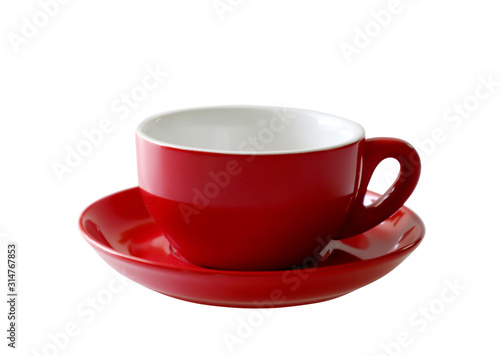 Red coffee cup and saucer isolated on white background.