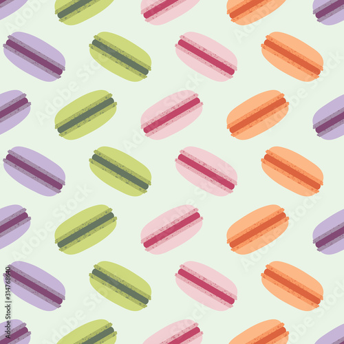 Seamless vector pattern with zigzag lines of colorful French macarons in purple, green, pink, and orange on a pale mint green background. Fun food illustration for fabric, paper goods, gifts.