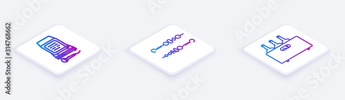Set Isometric line Karaoke , Grilled shish kebab and Bottles of wine in a wooden box . White square button. Vector