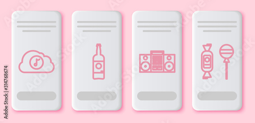 Set line Music streaming service , Beer bottle , Home stereo with two speakers and Lollipop . White rectangle button. Vector
