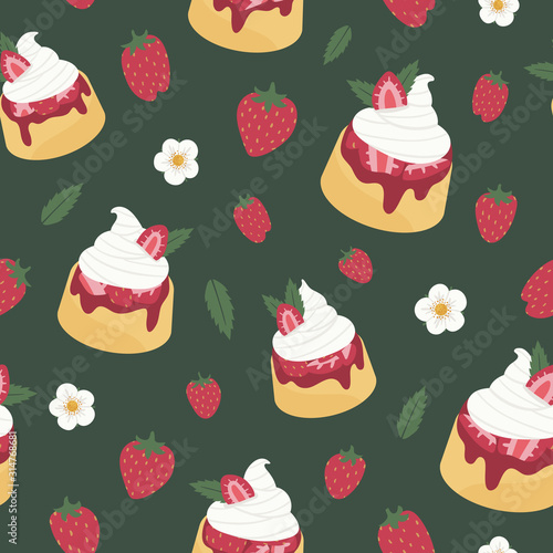 Seamless vector pattern with strawberry shortcakes, mint leaves, strawberries, and strawberry flowers on a dark green background. Elegant food illustration for fabric, packaging, gifts.