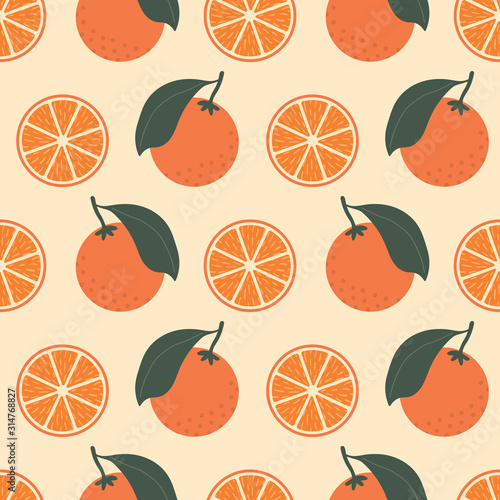Seamless vector pattern with whole oranges with leaves and orange slices in zigzag lines on a yellow background. Elegant food illustration great for fabric, packaging, home decor, gifts.