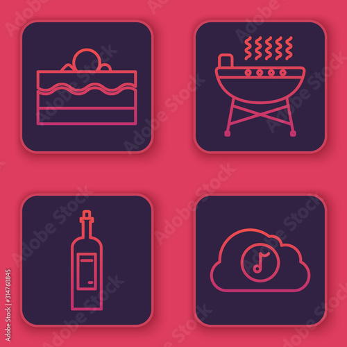 Set line Cake , Bottle of wine , Barbecue grill and Music streaming service . Blue square button. Vector