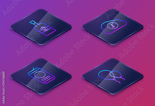 Set Isometric line Whiskey bottle , Beer can , Music streaming service and Balloons with ribbon . Blue square button. Vector