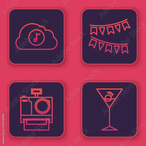 Set line Music streaming service , Photo camera , Carnival garland with flags and Martini glass . Blue square button. Vector