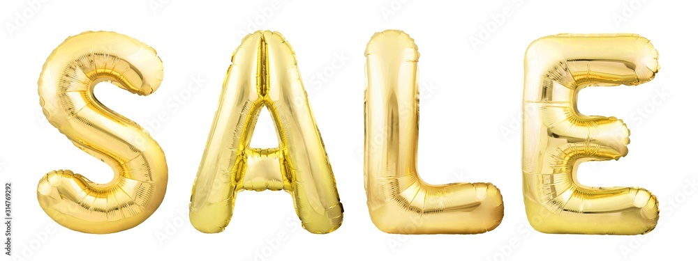 Word SALE made of golden inflatable balloons isolated on white background. Sale concept Word SALE made of golden inflatable balloons isolated on white background. Sale concept