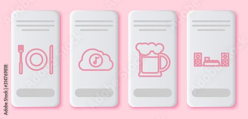 Set line Plate, fork and knife , Music streaming service , Wooden beer mug and Home stereo with two speakers . White rectangle button. Vector