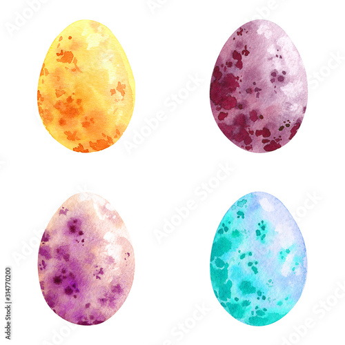 Happy Easter. Watercolor Eggs. Set of hand drawn colored Easter eggs isolated on white background. For greetings card.