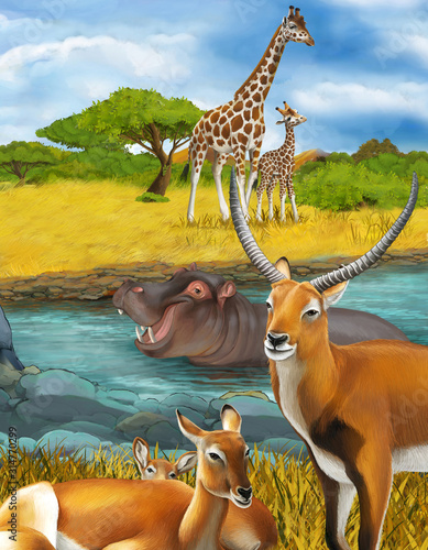 cartoon scene with hippopotamus hippo in the river near the mead