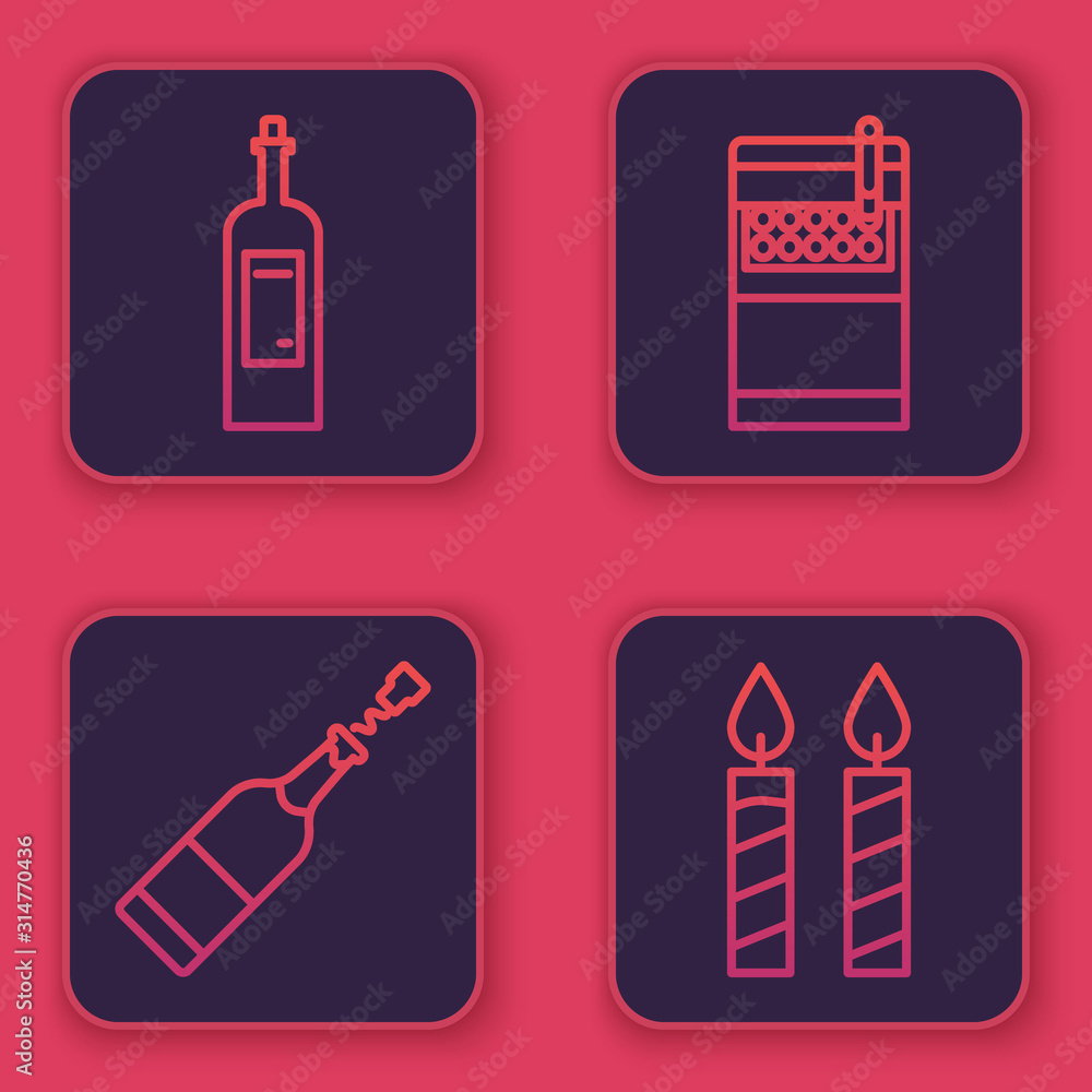 Set line Bottle of wine , Champagne bottle , Open cigarettes pack box and Birthday  cake candles . Blue square button. Vector Stock Vector | Adobe Stock