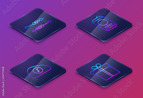 Set Isometric line Grilled shish kebab, Music streaming service , Beer can and Gift box . Blue square button. Vector
