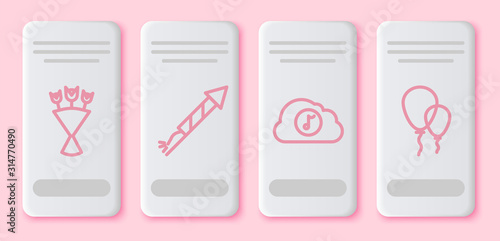 Set line Bouquet of flowers , Firework rocket , Music streaming service and Balloons with ribbon . White rectangle button. Vector