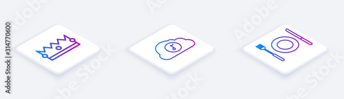 Set Isometric line Crown , Music streaming service and Plate, fork and knife . White square button. Vector