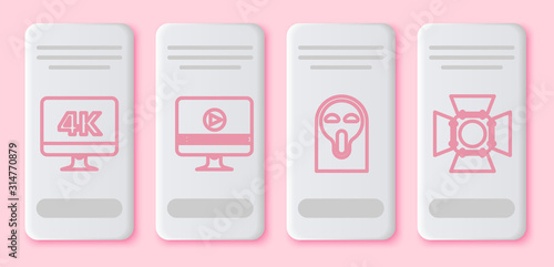 Set line Computer PC monitor with 4k video technology , Online play video , Funny and scary ghost mask and Movie spotlight . White rectangle button. Vector