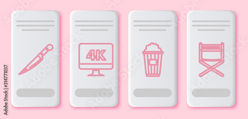 Set line Knife , Computer PC monitor with 4k video technology , Popcorn in cardboard box and Director movie chair . White rectangle button. Vector
