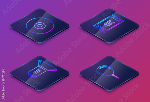 Set Isometric line CD or DVD disk , Movie spotlight , 4k movie, tape, frame and Balloon with ribbon . Blue square button. Vector