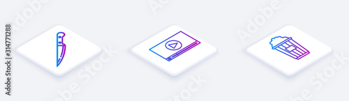 Set Isometric line Knife , Online play video and Popcorn in cardboard box . White square button. Vector