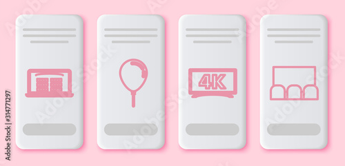 Set line Buy cinema ticket online , Balloon with ribbon , Screen tv with 4k Ultra HD video technology and Cinema auditorium with screen and seats . White rectangle button. Vector