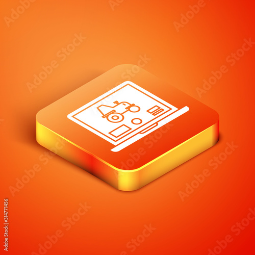 Isometric Laptop application for control a autonomous tractor on a smart farm icon isolated on orange background. Smart agriculture implement.  Vector Illustration