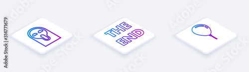 Set Isometric line Funny and scary ghost mask, The End handwritten inscription and Balloon with ribbon . White square button. Vector