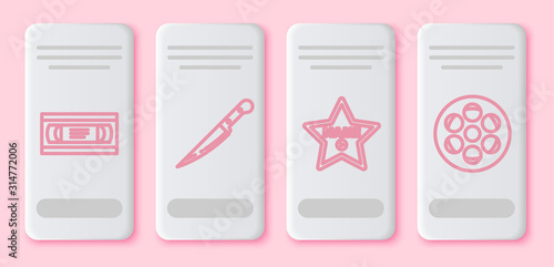 Set line VHS video cassette tape , Knife , Hollywood walk of fame star on celebrity boulevard and Film reel . White rectangle button. Vector