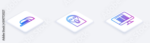 Set Isometric line Cap with inscription director , Funny and scary ghost mask and Buy cinema ticket online . White square button. Vector