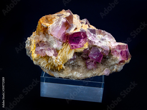 Canvastavla pink fluorite crystals close up on black background