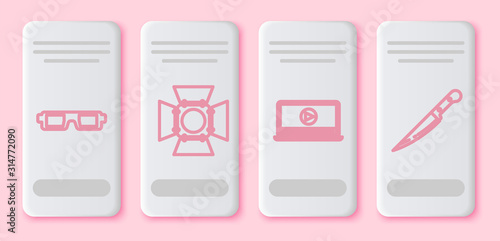 Set line 3D cinema glasses , Movie spotlight , Online play video and Knife . White rectangle button. Vector