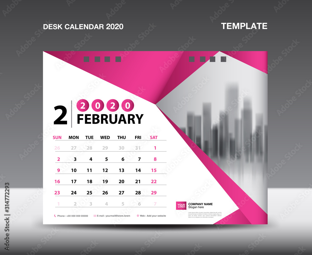 Desk Calendar 2020 Template vector, FEBRUARY 2020, Week starts Sunday, Stationery design, flyer design vector, printing media creative idea design. Pink polygonal background concept, publication Desk Calendar 2020 Template vector, FEBRUARY 2020, Week starts Sunday, Stationery design, flyer design vector, printing media creative idea design. Pink polygonal background concept, publication