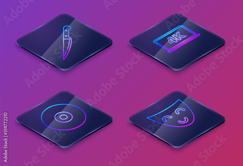 Set Isometric line Knife , CD or DVD disk , Laptop screen with 4k video technology and Comedy theatrical mask . Blue square button. Vector