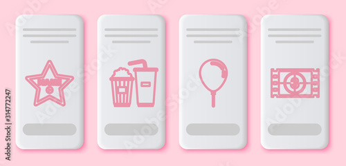 Set line Hollywood walk of fame star on celebrity boulevard , Popcorn and soda drink glass, Balloon with ribbon and Play Video . White rectangle button. Vector