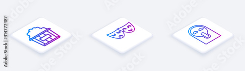 Set Isometric line Popcorn in cardboard box , Comedy and tragedy theatrical masks and Funny and scary ghost mask. White square button. Vector