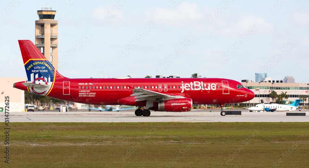 Jetblue Firefighting Fort Lauderdale, Florida - USA, January 14, 2017: JetBlue Airbus A320 ...