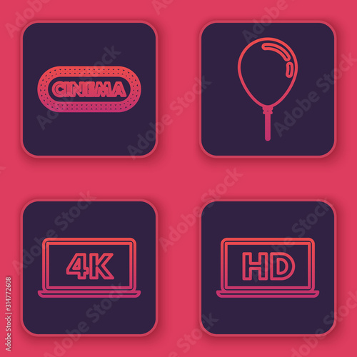 Set line Cinema poster design template , Laptop screen with 4k video technology , Balloon with ribbon and Laptop screen with HD video technology . Blue square button. Vector