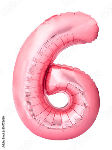 Fotografie Number 6 six made of rose gold inflatable balloon isolated on white background