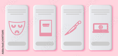 Set line Drama theatrical mask , Scenario , Knife and Online play video . White rectangle button. Vector