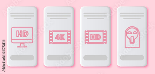 Set line Computer PC monitor with HD video technology , 4k movie, tape, frame , 4k movie, tape, frame and Funny and scary ghost mask. White rectangle button. Vector