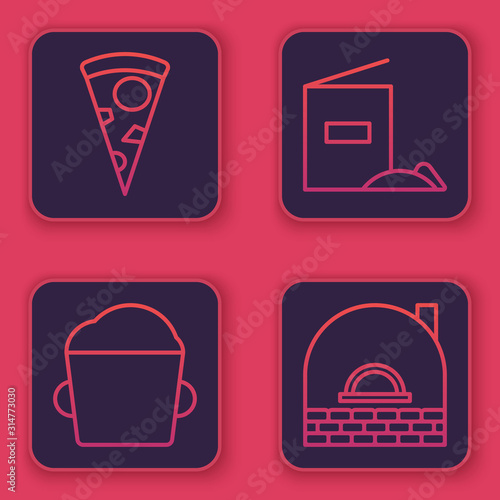 Set line Slice of pizza , Bakery bowl dough , Flour pack and Brick stove . Blue square button. Vector