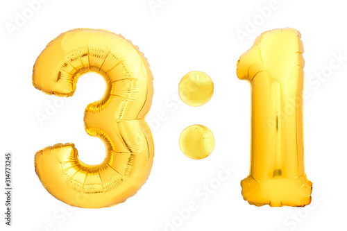Football or hockey score 3:1 numbers three and one made of golden inflatable balloons isolated on white background. Creative children competition scoreboard template