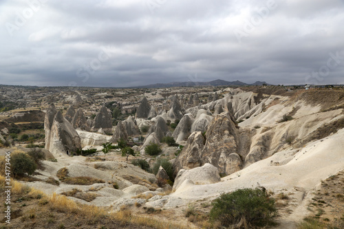 Unusually shaped volcanic rocks near the village of Goreme in the Cappadocia region of Turkey.