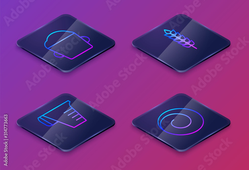 Set Isometric line Bakery bowl dough , Measuring cup, Cereals with rice, wheat, corn, oats, rye and Roll bun with cinnamon . Blue square button. Vector