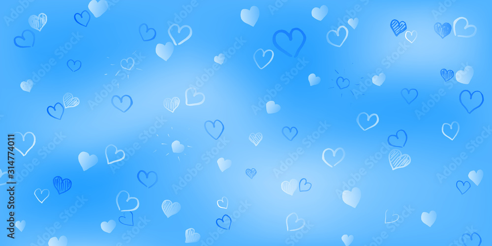 Background of small white hand drawn hearts on light blue background. Illustration on Valentine's day