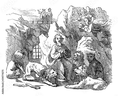Vintage drawing or engraving of biblical story of prophet Daniel Send in lion's den by king Darius of Babylon. Old Man surrounded by lions. Bible, Old Testament,Daniel 6. Biblische Geschichte