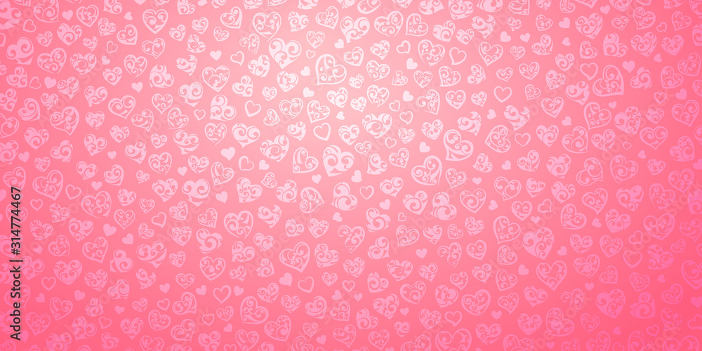 Background of big and small hearts with curls in pink colors. Illustration on Valentine's day.