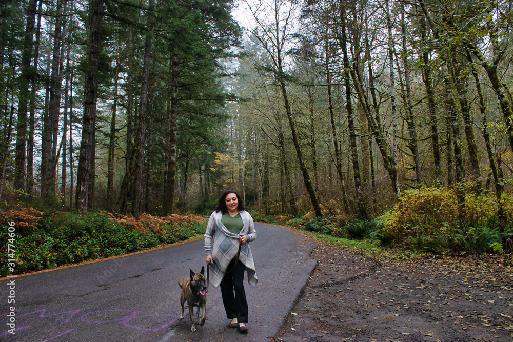 Fototapeta premium ethnic middle aged woman walking large dog in foggy forest